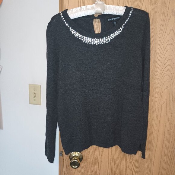 NEW Cynthia Rowley Women's Wool Embellished Crewneck Sweater Gray Medium - Picture 1 of 6